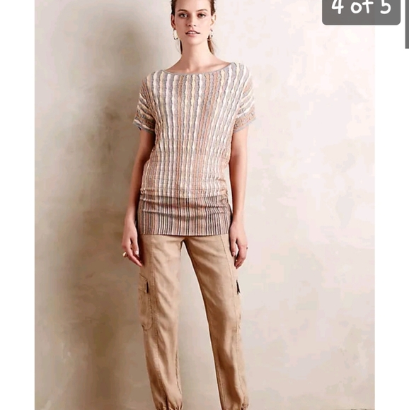 ANTHROPOLOGIE NESSA PULLOVER BY MOTH ORANGE TEXTURED SHORT SLEEVE TOP SZ SMALL - Picture 2 of 16